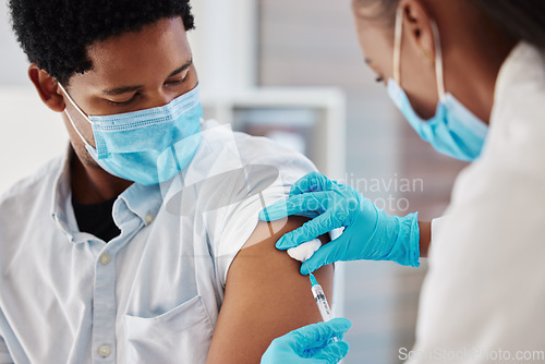 Image of Covid 19 vaccine, injection and nurse with black man for healthcare consultation, medical service or corona virus medicine. Doctor, syringe and black man at hospital pharmacy clinic for vaccination