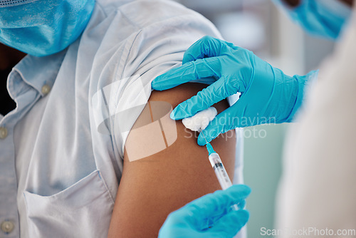 Image of Covid 19 vaccine, injection or nurse with patient for healthcare consultation, medical service or corona virus medicine. Doctor hands, syringe or black man at hospital pharmacy clinic for vaccination