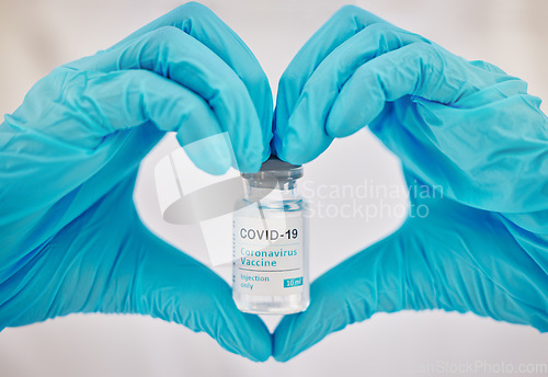 Image of Covid 19 vaccine, doctor hands and love emoji gesture for healthcare support, medical wellness and safety security medicine. Hospital pharmacy, nurse or pharmacist with vial for immunity vaccination