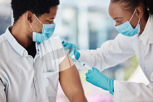 Image of Covid 19 vaccine, injection or doctor with black man for healthcare consultation, medical service or corona virus medicine. Nurse girl, syringe and patient at hospital pharmacy clinic for vaccination