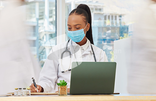 Image of Covid 19, laptop and doctor with notebook writing summary of corona virus research, medicine report or healthcare information. Fast busy hospital, medical study or clinic nurse or black woman working