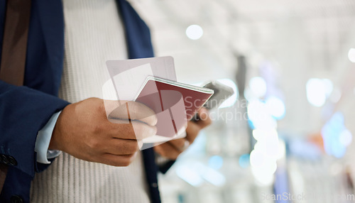 Image of Hands, phone and passport for travel, schedule or ticket checking flight times on mobile app at the airport. Hand of business employee holding smartphone or ID document for traveling, trip or journey