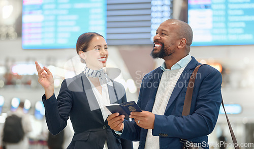 Image of Airport, African businessman and passport with woman concierge, direction and compliance check with joke. Happy corporate black man, air hostess and travel documents with comic laugh at inspection