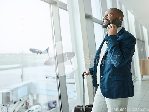 Image of Businessman, phone call and waiting at airport for travel, work trip or plain journey with luggage to country. Happy black man employee or person smile for communication before flight on smartphone