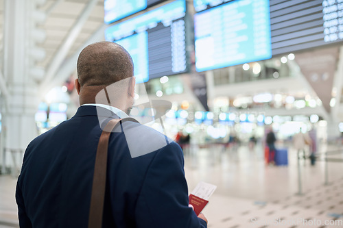 Image of Travel, airport or black man walking with passport, suitcase or tickets to customs in New York city. Back view, airplane or African businessman traveling via international flight transportation alone