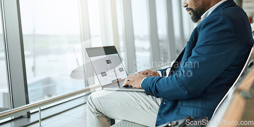 Image of Travel, businessman and at an airport working on a laptop and waiting at terminal or boarding lounge. Entrepreneur, corporate or employee using computer at airline hub about to go on a flight