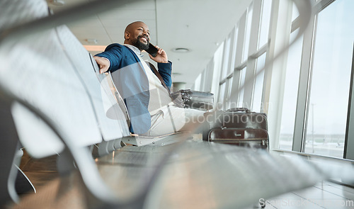 Image of African businessman, airport and phone call with excited smile, focus and networking on business trip. Corporate black man, smartphone conversation and global travel, immigration and air transport