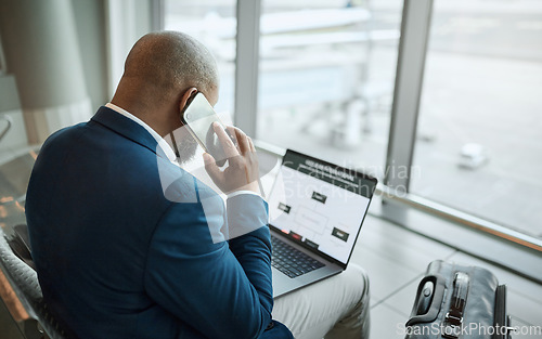 Image of Travel, phone call and businessman at an airport working on a laptop and waiting at terminal or boarding lounge. Entrepreneur, corporate or employee using computer at airline using his cellphone