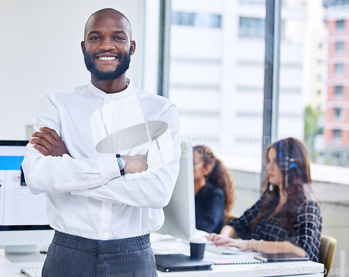 Image of Business man, portrait or office worker smiling, happy and confident as agency or company leader. African American, startup ceo and corporate male entrepreneur at work excited by mission