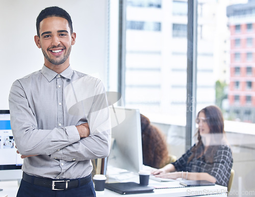 Image of Businessman, happy portrait and leader success for goals management and company happiness vision crossed arms in office. Corporate male, manager smile and positive mindset energy or trust motivation