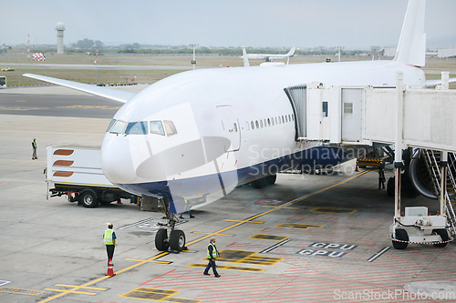 Image of Airport, travel and airplane on runway for flight takeoff, international and commercial transportation. Air transport, boarding and plane at terminal to global destination, location and country