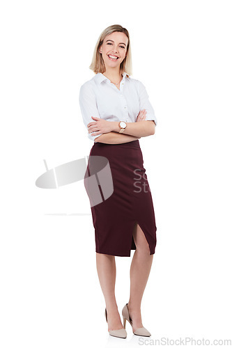 Image of Business woman with arms crossed in portrait with smile, success with empowerment isolated on white background. Corporate, vision and career goals, mindset and professional leader and job mockup