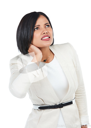 Image of Woman, corporate and studio for neck pain, burnout and tired by white background. Executive leader, isolated entrepreneur or boss for stress injury, hurt muscle and frustrated professional in suit