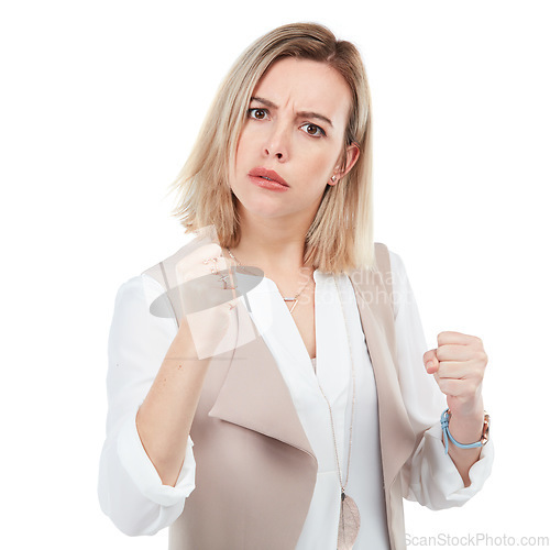 Image of Woman, angry in portrait with fist and fight pose with self defense and fighter isolated on white background. Anger, warning and conflict with violence and female fighting face, punch and attack