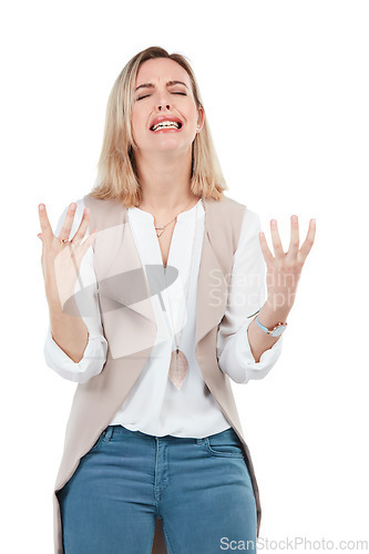 Image of Woman crying, frustrated hand gesture and angry person stressed, isolated on white background. People with mental health problem in studio, sad woman with hands up in frustration, anger and burnout.