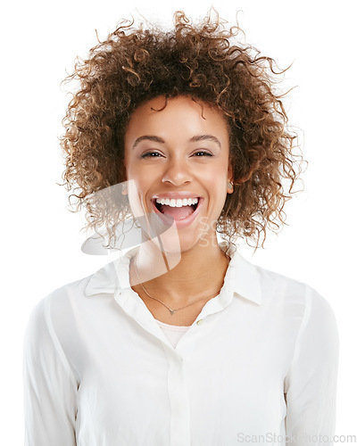 Image of Beauty, smile and portrait of black woman on a white background with cosmetics, glowing and healthy skin. Excited, happy and isolated headshot of girl model with success, good news and confidence