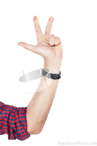 Image of Numbers, counting and hand of a man with a countdown isolated on a white background. Communication, sign language and person with fingers for an opinion, showing and gesturing on a studio backdrop