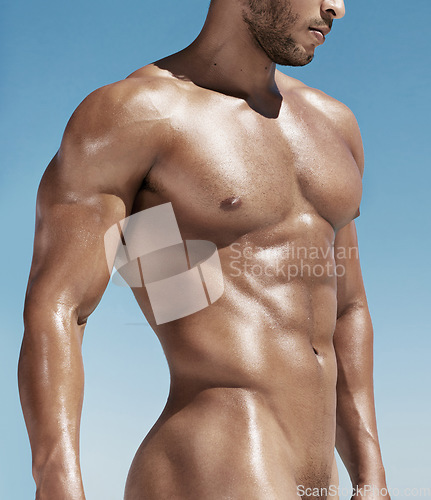Image of Closeup, nude and man muscular, body or sunshine with healthy lifestyle, sky or summer. Muscles, male bodybuilder or person with figure, confident or naked with wellness, tan or wellbeing on backdrop