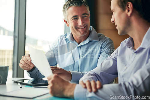 Image of Business people, meeting and talking about idea, corporate planning and strategy in office. Men together for finance collaboration with paperwork in conversation about growth, vision and development