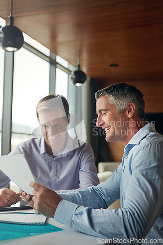 Image of Office meeting, business people and documents while talking about corporate planning and strategy idea. Happy men team together for finance collaboration with paperwork during conversation about idea