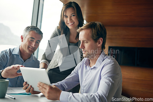 Image of Tablet, business people and teamwork with technology in meeting, discussion and internet research for seo project. Digital marketing, team and wifi with digital marketing strategy and collaboration