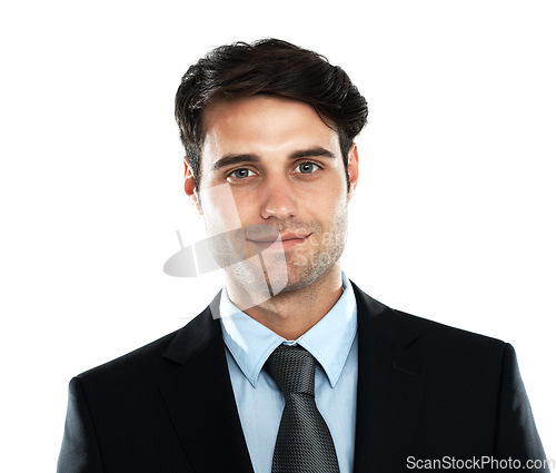 Image of Face, businessman and leader in studio with future vision while standing on white background. Portrait, handsome and young entrepreneur motivated by startup goal, idea and mindset while isolated