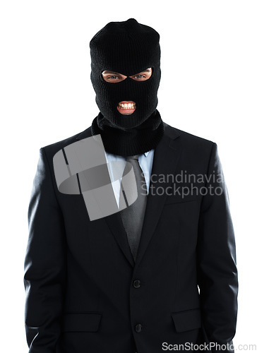 Image of Corporate, crime and mask portrait of businessman hiding identity for criminal behaviour. Worker corruption with balaclava for theft and scam in isolated studio with white background.