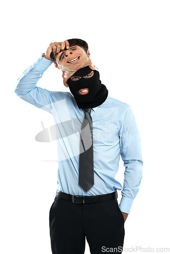 Image of Corruption, thief and mask portrait of businessman hiding identity for fraud and criminal behaviour. Corporate worker with balaclava for theft, scam or burglary on isolated white background.