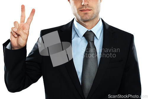 Image of Hand, peace and businessman in studio, winner and mindset standing on white background space. Peace sign, emoji and young entrepreneur confident about startup, idea and career goal while isolated