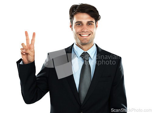 Image of Portrait, businessman and peace, hand and sign in studio, mindset and standing on white background. Peace sign, emoji and young entrepreneur confident about startup, idea and career goal and isolated