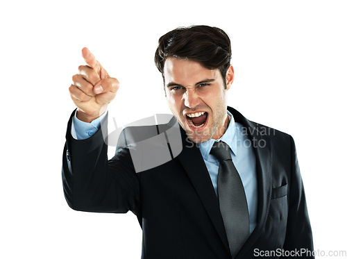 Image of Shouting, hand pointing and angry man portrait of a business employee with white background. Frustrated, anger and shouting scream with hand gesture about work, stress and career mistake in studio