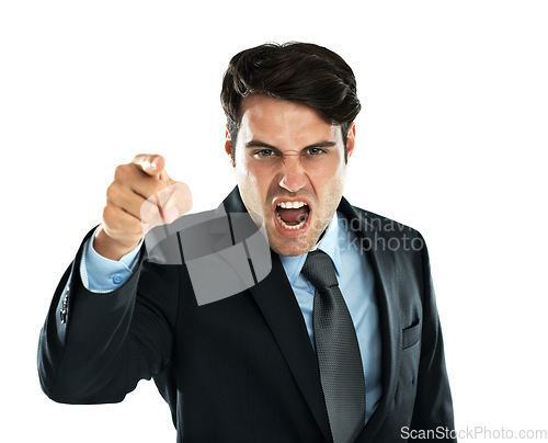 Image of Shouting man, pointing and angry portrait of a business employee screaming with white background. Frustrated, anger and shouting with hand gesture about work, stress and career fail in studio