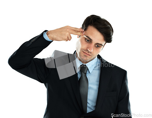 Image of Stress, businessman and depression with hand gun to the head in studio against white background. Anxiety, suicide and young entrepreneur suffering mental breakdown after business fail and isolated