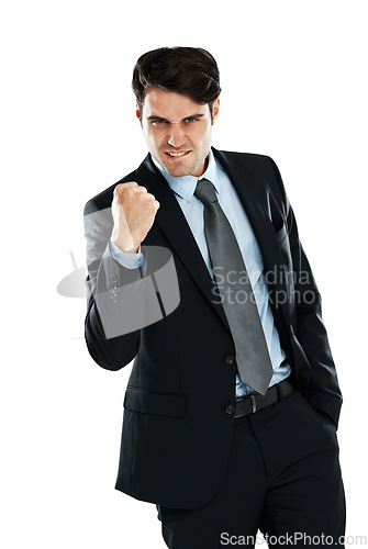 Image of Fist pump celebration, portrait and businessman celebrate corporate victory, winning achievement or profit success. Winner pride, bonus salary and cocky studio lawyer or salesman on white background