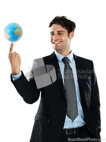 Image of Globe spinning, business employee and man of global employee with earth, planet and sphere. Manager smile, international success and corporate suit of worker happy with isolated white background