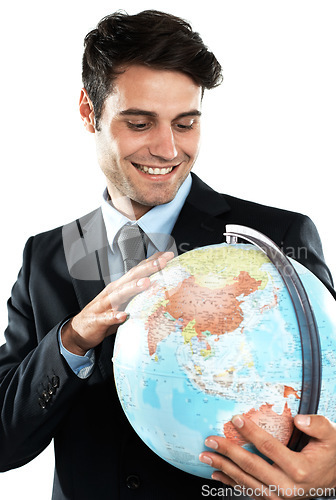 Image of Globe, earth and man employee with planet sphere feeling happy about global travel. International, person and happiness of a excited worker with isolated white background in a suit with a smile