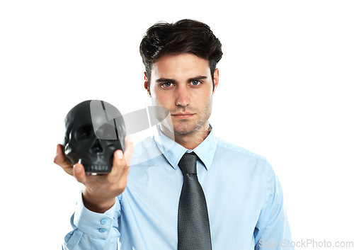 Image of Portrait, black skull and hand of businessman in studio for magic and spooky on white background. Research, human and head by young male thinking, planning and vision for abstract goal while isolated
