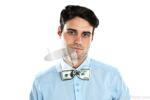 Image of Busines man, portrait and money in studio with a dollar on shirt of entrepreneur for wealth, rich and luxury. Face of male model isolated on a white background with cash for investment or bribe deal