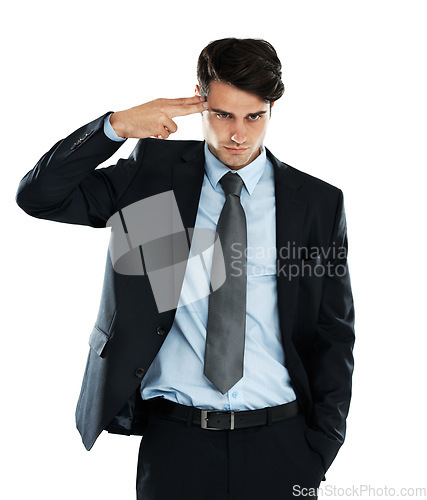 Image of Businessman, depression and hand gun to the head in studio for stress against a white background. Anxiety, suicide and young entrepreneur suffering mental breakdown after business fail and isolated