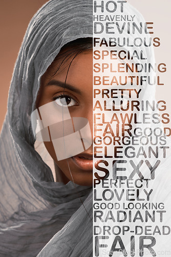 Image of Beautiful, modest and portrait of a Muslim woman with words of affirmation isolated on a background. Reminder, confidence and Islamic girl with an hijab, message and empowerment on a studio backdrop