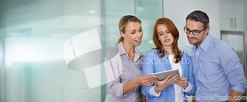 Image of Business people, tablet and team collaboration for marketing, advertising or strategy on mockup at the office. Group of employee workers sharing ideas or discussing project plan on touchscreen