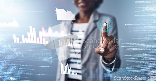 Image of Hand, future and finance with a business black woman touching an ai interface for data or information. Finger, digital and hologram with a female employee working as a user on futuristic software