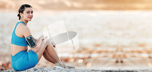 Image of Workout, beach sunset or portrait of woman relax after outdoor running, sports training or fitness performance. Nature exercise mockup, waves or runner at sea for mental health, calm or freedom peace