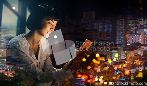 Image of Night, city and tablet of woman by window for global networking, stock market review and data analytics. Bokeh lights, dark and happy person monitor data on digital technology, software or seo report