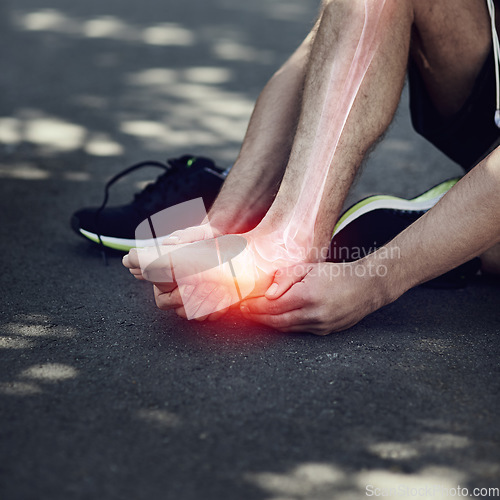 Image of Man, sitting and foot injury at training, exercise and outdoor urban workout in street with sport shoes. Healthy runner, road and pain in joint, feet and rest after running in metro for body wellness