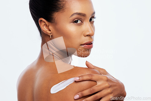 Image of Beauty, skin cream and body care portrait in studio for dermatology, cosmetics and natural glow. Aesthetic model person with luxury spa product on back with free space isolated on a white background