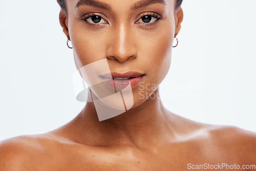 Image of Woman, face and beauty skincare for makeup, cosmetics or facial treatment isolated on a white background. Portrait of beautiful female in satisfaction with cosmetic lips for self love or perfect skin