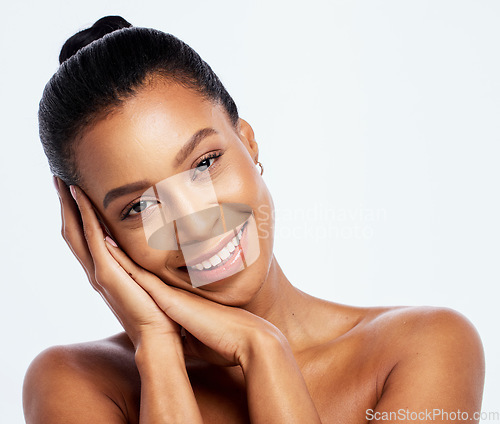 Image of Skin care, beauty and happy face woman portrait in studio for dermatology, cosmetics and natural makeup. Aesthetic model with hands for luxury spa facial and healthy glow isolated on white background