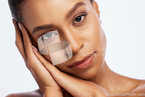 Image of Face, beauty and skin care woman portrait in studio for dermatology, cosmetics and natural makeup. Aesthetic model person with luxury spa facial and healthy glow or shine isolated on white background