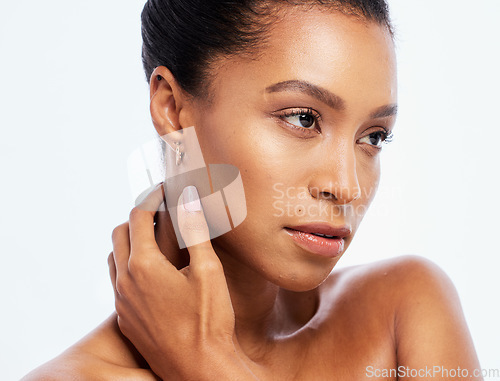 Image of Black woman, beauty and skincare for face in studio with dermatology, cosmetics and natural makeup. Aesthetic model person with luxury spa facial and healthy glow on skin isolated on white background